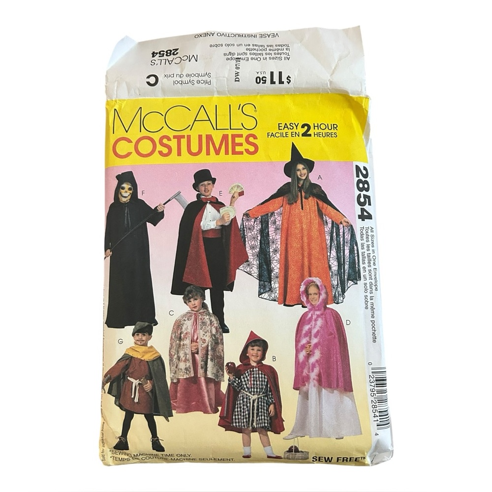 Vintage McCall's Costume Pattern 2854 Halloween Kids 2-12 Easy 2 Hour Uncut